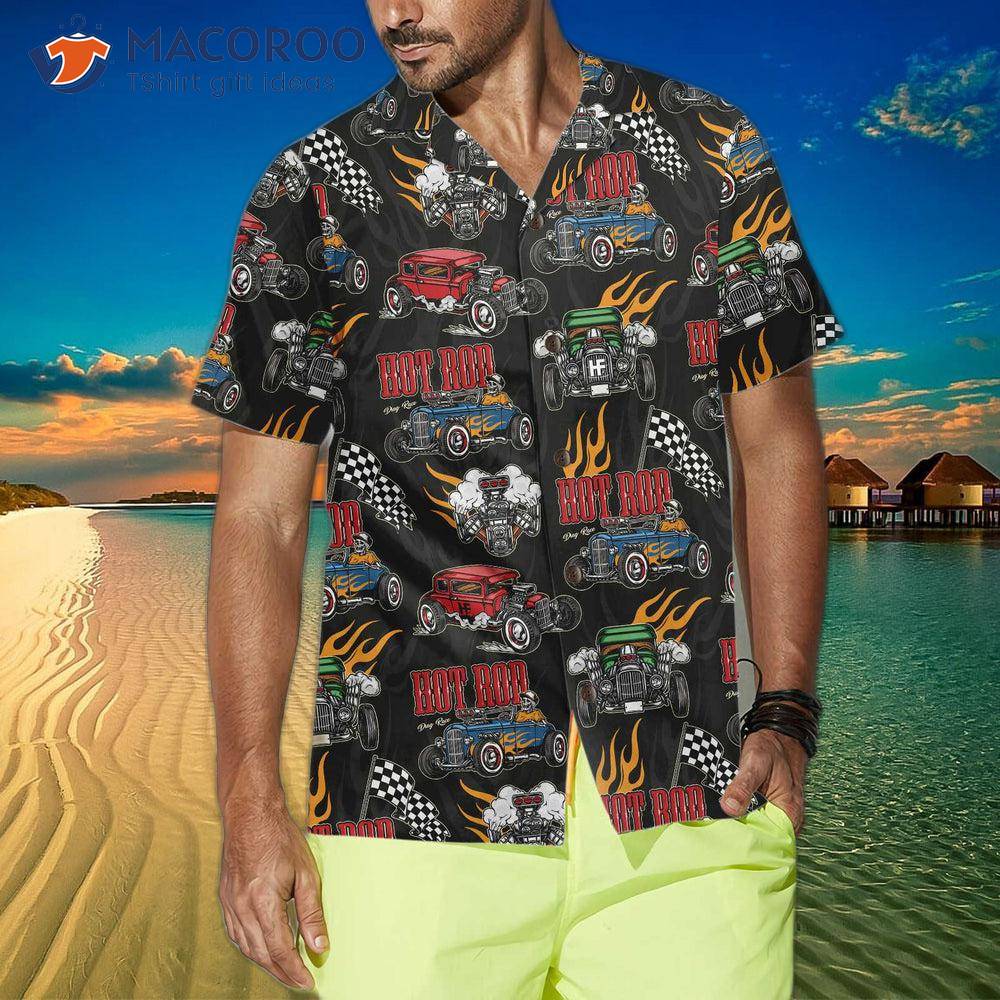 Colorful Hot Rod Pattern Hawaiian Shirt, Racing Shirt For Colorful Hot Rod Pattern Hawaiian Shirt, Racing Shirt For