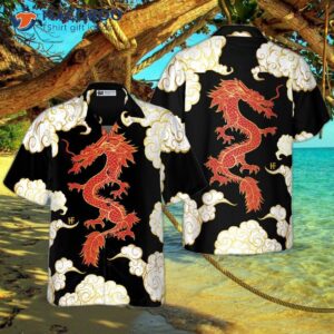 Cool Chinese Dragon, Black, Red, Cloud Hawaiian Shirt.