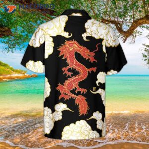 Cool Chinese Dragon, Black, Red, Cloud Hawaiian Shirt.