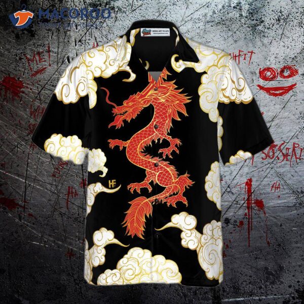 Cool Chinese Dragon, Black, Red, Cloud Hawaiian Shirt.