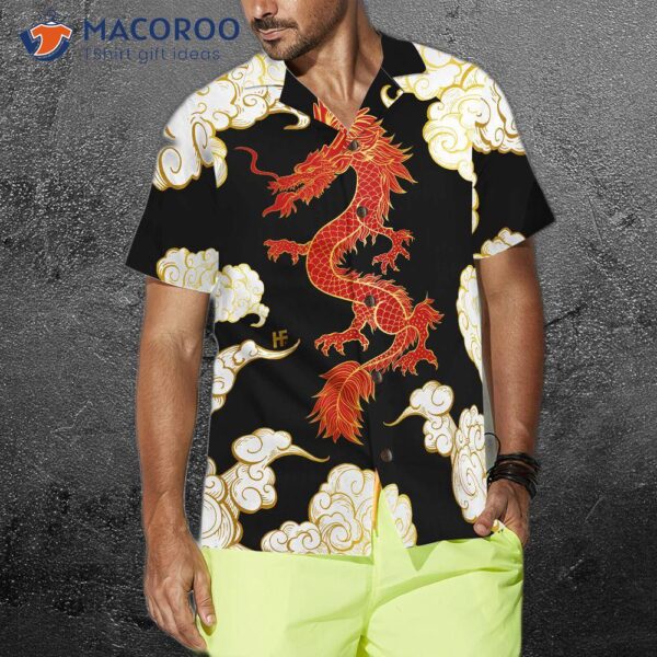 Cool Chinese Dragon, Black, Red, Cloud Hawaiian Shirt.