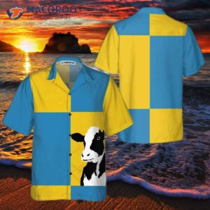 Cow On Yellow And Blue Background Hawaiian Shirt, Shirt For , Funny Print