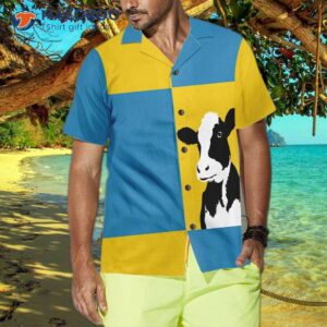 cow on yellow and blue background hawaiian shirt shirt for funny print 3