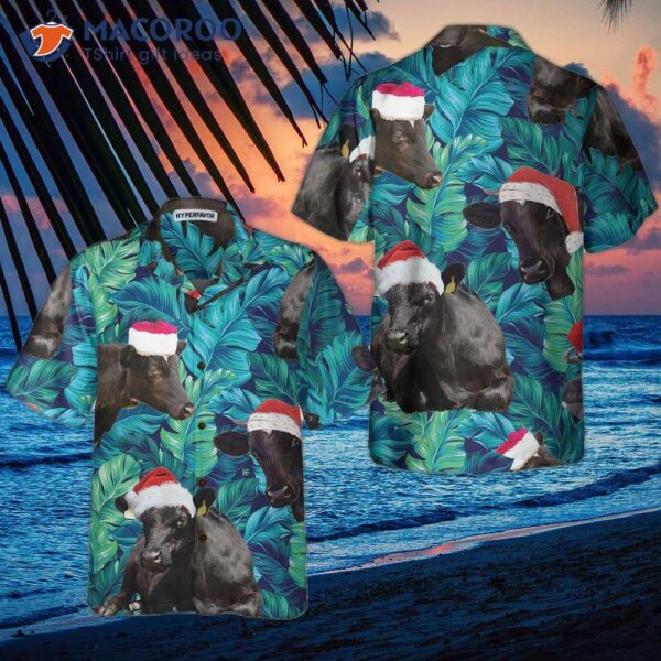 Cows Black Cattle Wear Santa Hat Hawaiian Shirt, Tropical Leaves Pattern Christmas Best Gift For
