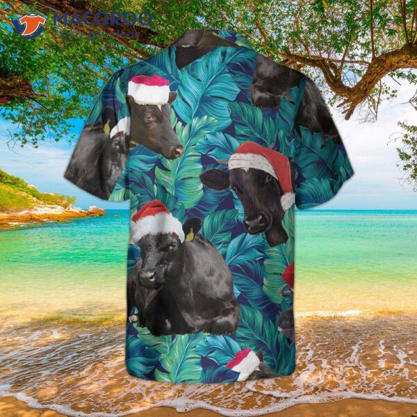 Cows Black Cattle Wear Santa Hat Hawaiian Shirt, Tropical Leaves Pattern Christmas Best Gift For