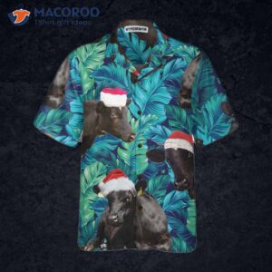 cows black cattle wear santa hat hawaiian shirt tropical leaves pattern christmas best gift for 2
