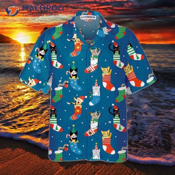 Cute Cats In Christmas Socks Hawaiian Shirt, Cat Shirt: Best Gift