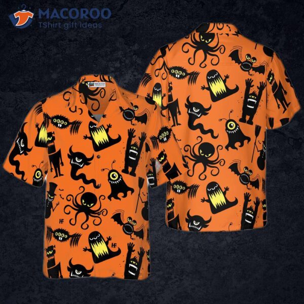 Cute Monster Silhouette Halloween Bigfoot Hawaiian Shirt, Pumpkin Orange And Black Shirt For