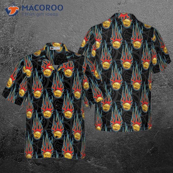 Digital Bitcoin Crypto Currency Pattern With Hot Rod Flame Hawaiian Shirt