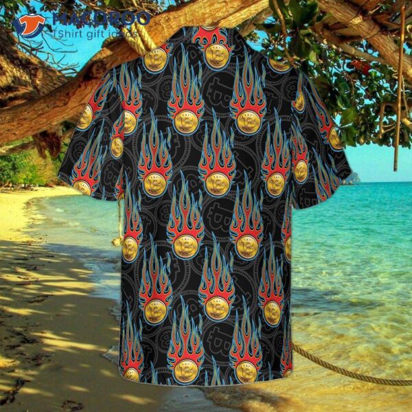 Digital Bitcoin Crypto Currency Pattern With Hot Rod Flame Hawaiian Shirt