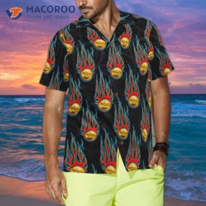 digital bitcoin crypto currency pattern with hot rod flame hawaiian shirt 3