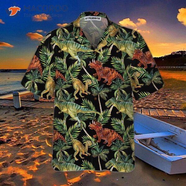 Dinosaur Tropical Pattern Hawaiian Shirt, Printed Dino Shirt For Adults