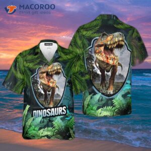 dinosaurs in the jungle tropical hawaiian shirts 0