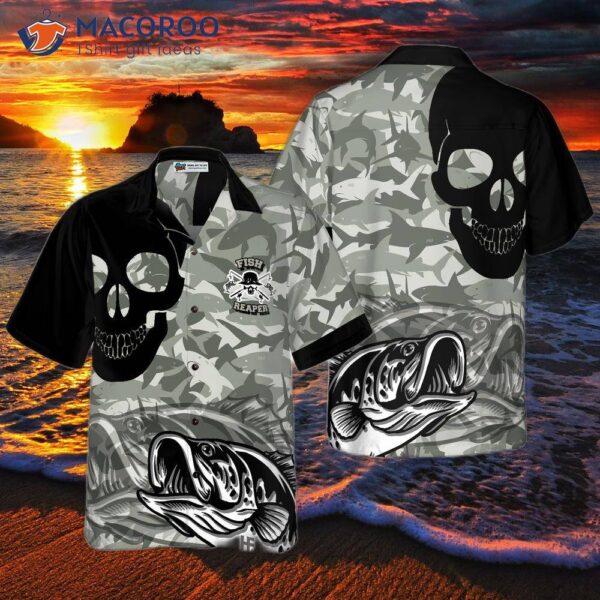 Eat, Sleep, Fish, Repeat; Skull Camouflage Hawaiian Shirt.