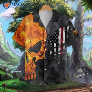 firefighter and flame skull hawaiian shirt cross axes with ripped american flag shirt 2