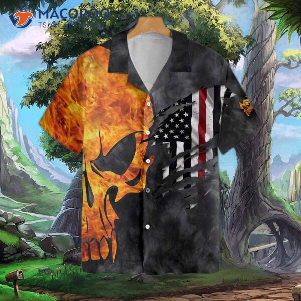 Firefighter And Flame Skull Hawaiian Shirt, Cross Axes With Ripped American Flag Shirt