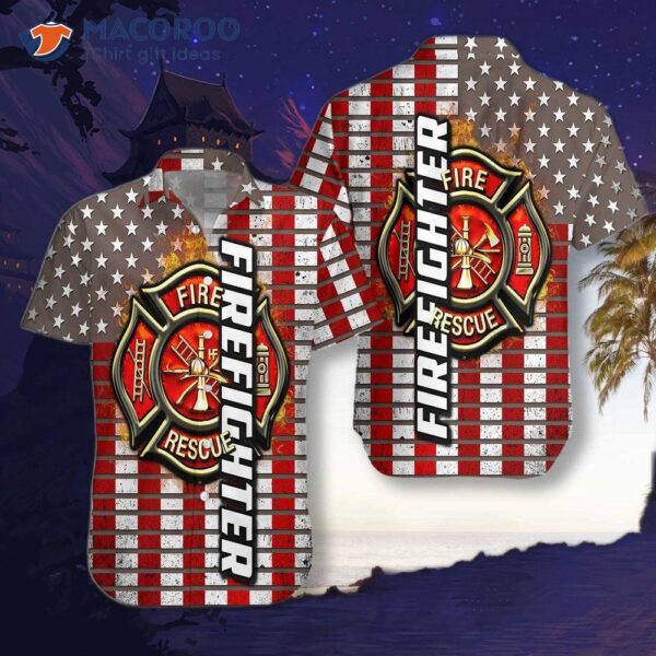 Firefighter Logo And American Flag Hawaiian Shirt, Horizontal Stripe Shirt For