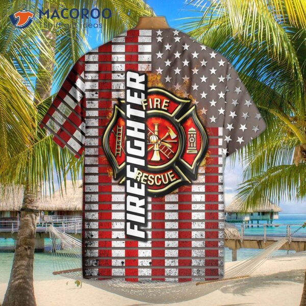 Firefighter Logo And American Flag Hawaiian Shirt, Horizontal Stripe Shirt For