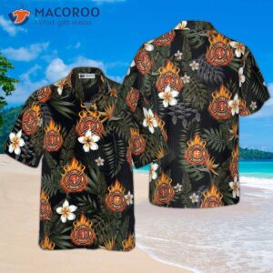 firefighter logo on flame and black tropical seamless hawaiian shirt floral shirt for 0