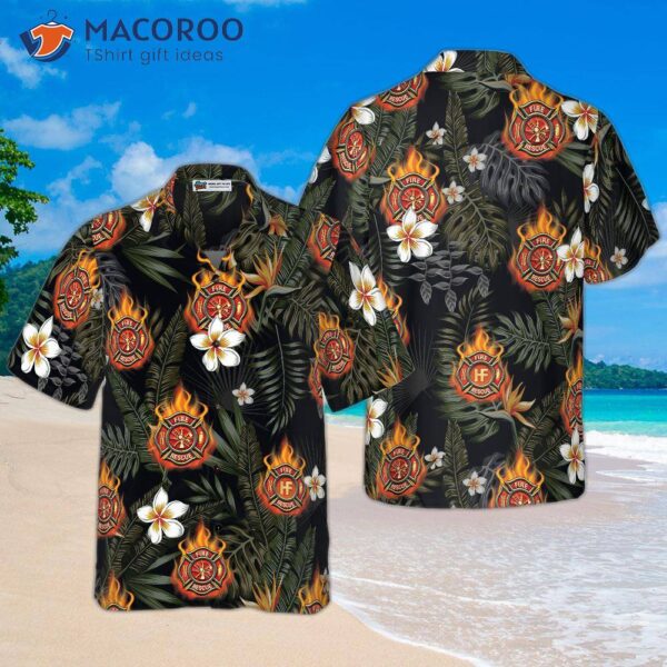 Firefighter Logo On Flame And Black Tropical Seamless Hawaiian Shirt, Floral Shirt For