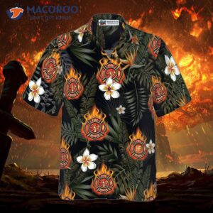 firefighter logo on flame and black tropical seamless hawaiian shirt floral shirt for 2