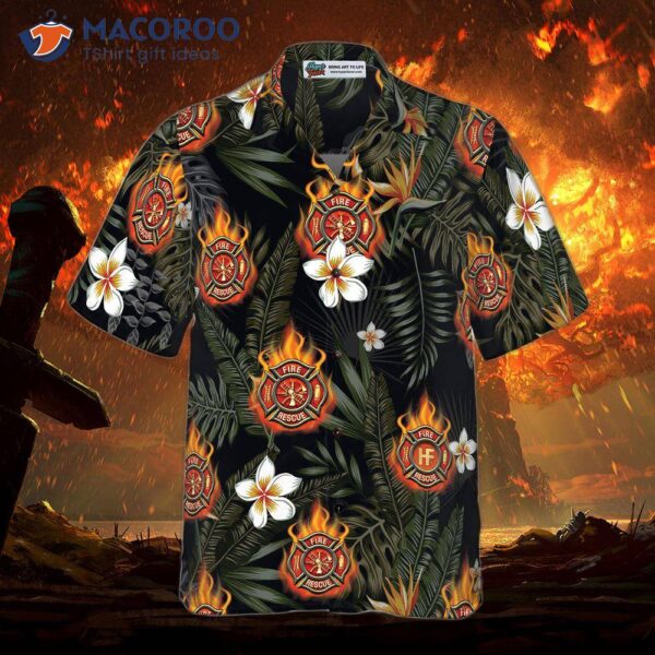 Firefighter Logo On Flame And Black Tropical Seamless Hawaiian Shirt, Floral Shirt For