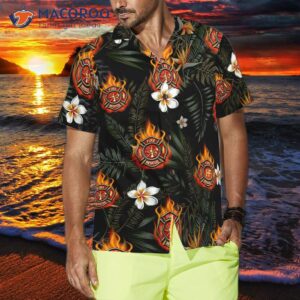 firefighter logo on flame and black tropical seamless hawaiian shirt floral shirt for 3