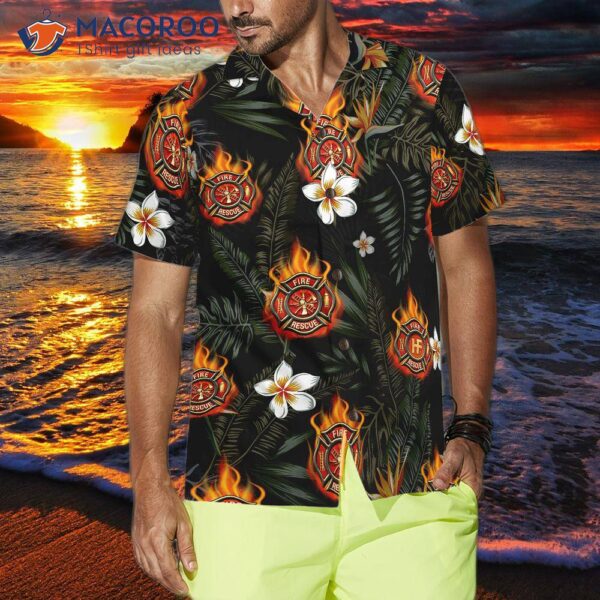 Firefighter Logo On Flame And Black Tropical Seamless Hawaiian Shirt, Floral Shirt For