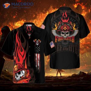 Firefighter Skull Flame Black American Flag Hawaiian Shirt, First In Last Out Shirt For