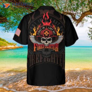 Firefighter Skull Flame Black American Flag Hawaiian Shirt, First In Last Out Shirt For