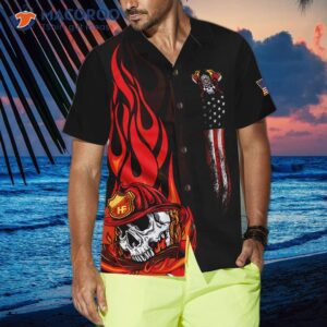 firefighter skull flame black american flag hawaiian shirt first in last out shirt for 3