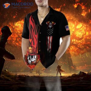 firefighter skull flame black american flag hawaiian shirt first in last out shirt for 4