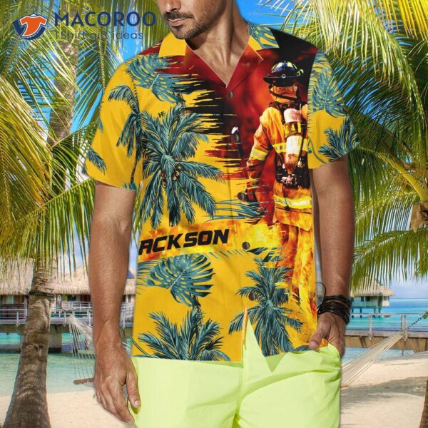 Firefighter Yellow Tropical Custom Hawaiian Shirt, Personalized Palm Tree Shirt For