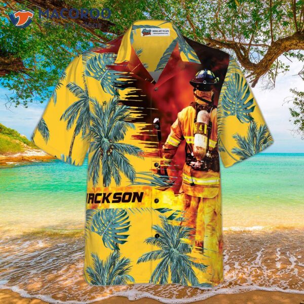 Firefighter Yellow Tropical Custom Hawaiian Shirt, Personalized Palm Tree Shirt For