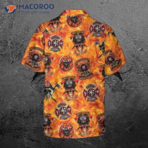 First In, Last Out Firefighter Hawaiian Shirt, Viking-style Flame Skull Shield Shirt For