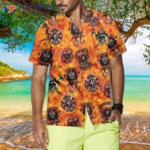 first in last out firefighter hawaiian shirt viking style flame skull shield shirt for 4