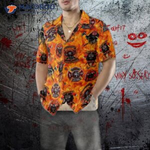 first in last out firefighter hawaiian shirt viking style flame skull shield shirt for 6