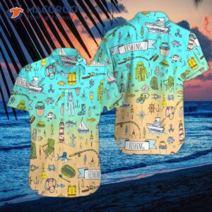 fishing doodle seamless pattern hawaiian shirt 0