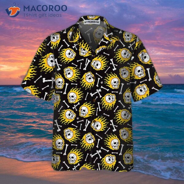 Flaming Skull Pattern Hawaiian Shirt, Unique Flame Shirt For , Print