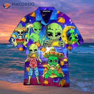 funny aliens eat tacos on their planet while wearing hawaiian shirts 0