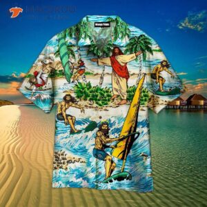 funny jesus surfing summer tropical hawaiian shirts 1