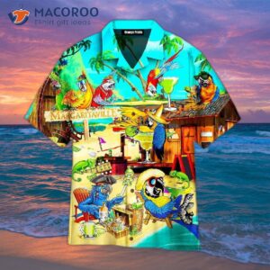 funny parrots at a summer beach party with margarita cocktails and margaritaville hawaiian shirts 0