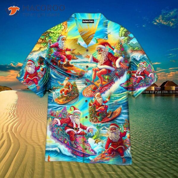 Funny Surfing Santa Hawaiian Christmas Shirts In July