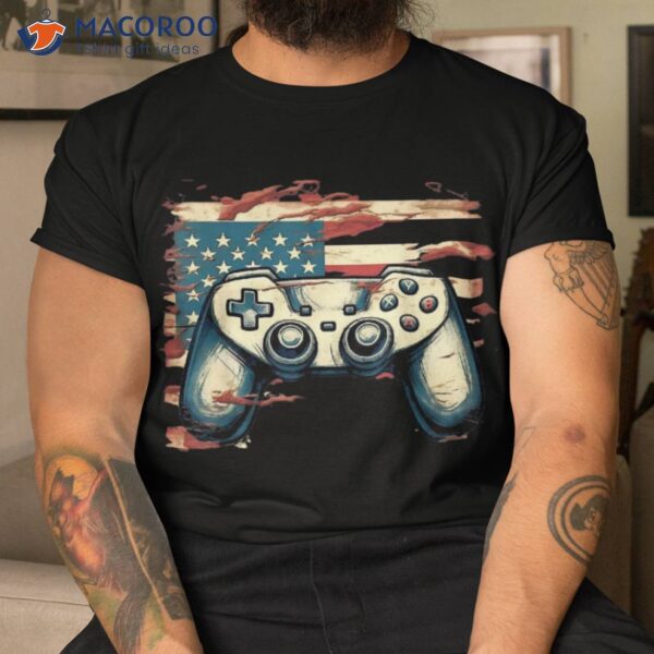 Gamer Lover 4th Of July Video Game Usa Flag Boy Girl Kids Shirt