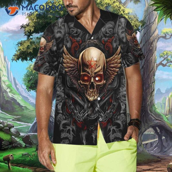 Gothic Skull Biker Hawaiian Shirt, Pentagram Goth Shirt For And