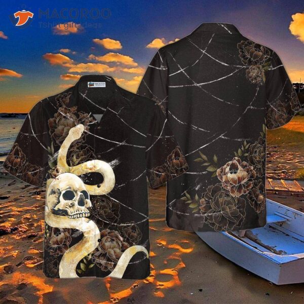 Gothic Skull With Snake Hawaiian Shirt For , Black Peony Flower Goth