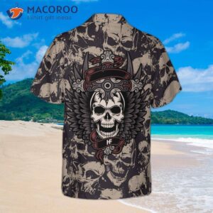 gothic winged skull hawaiian shirt black and white pattern 1