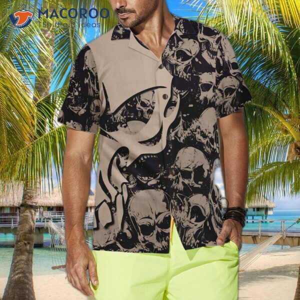 Gothic Winged Skull Hawaiian Shirt, Black And White Pattern