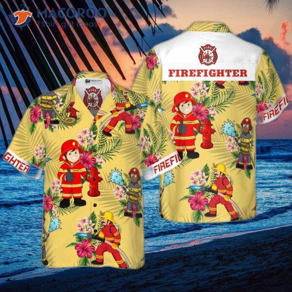 Graphic Proud Firefighter Hawaiian Shirt, Cream Tropical Floral Shirt For