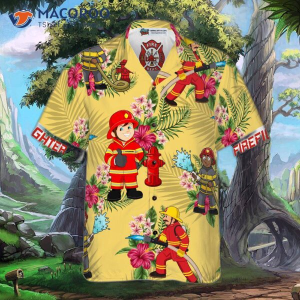 Graphic Proud Firefighter Hawaiian Shirt, Cream Tropical Floral Shirt For